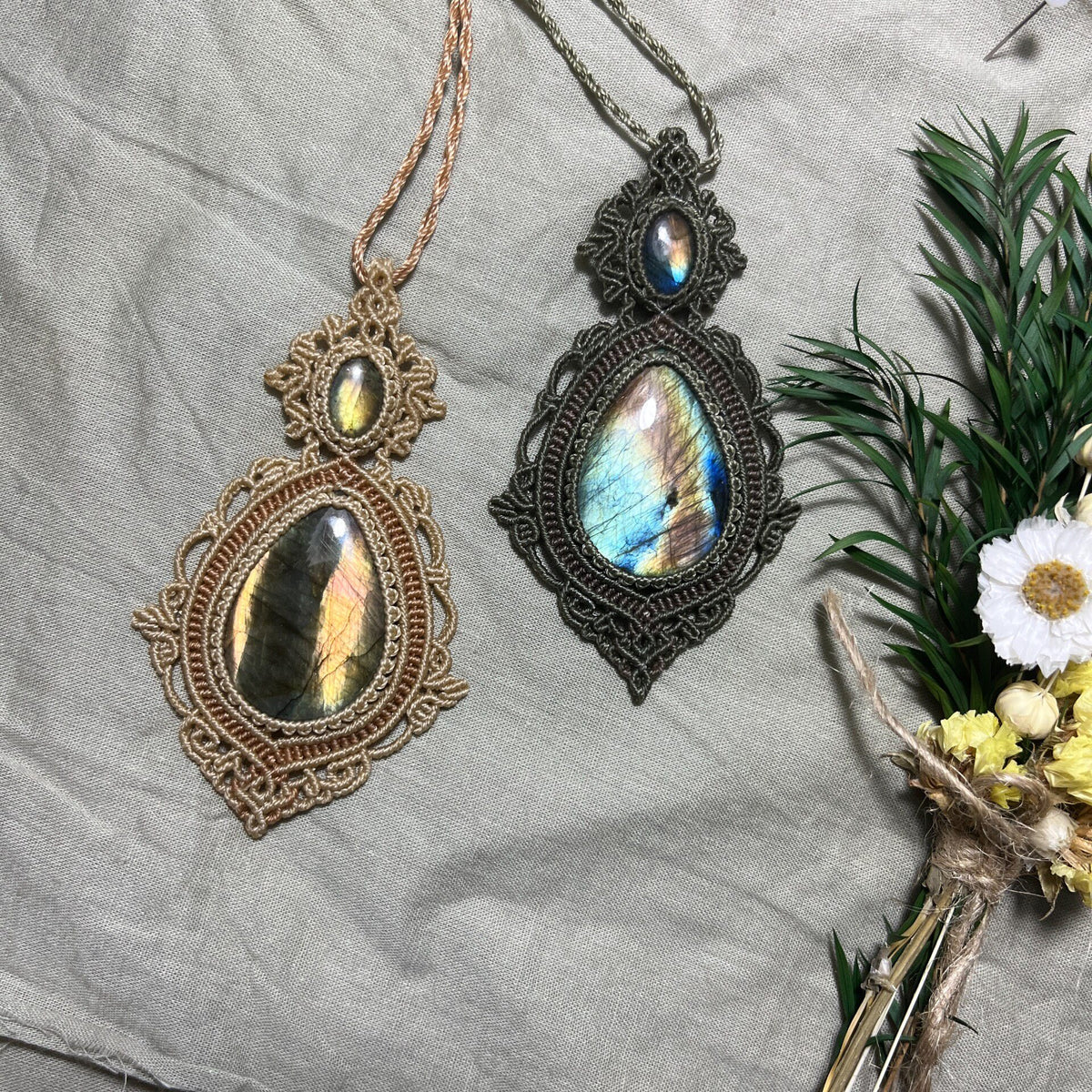 Macrame Labradorite Necklace Two Stone Pendant