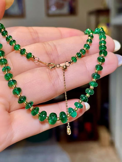 Emerald Bead Necklace, 30.16ct, 3-6mm Diameter, 18K Gold Spacers