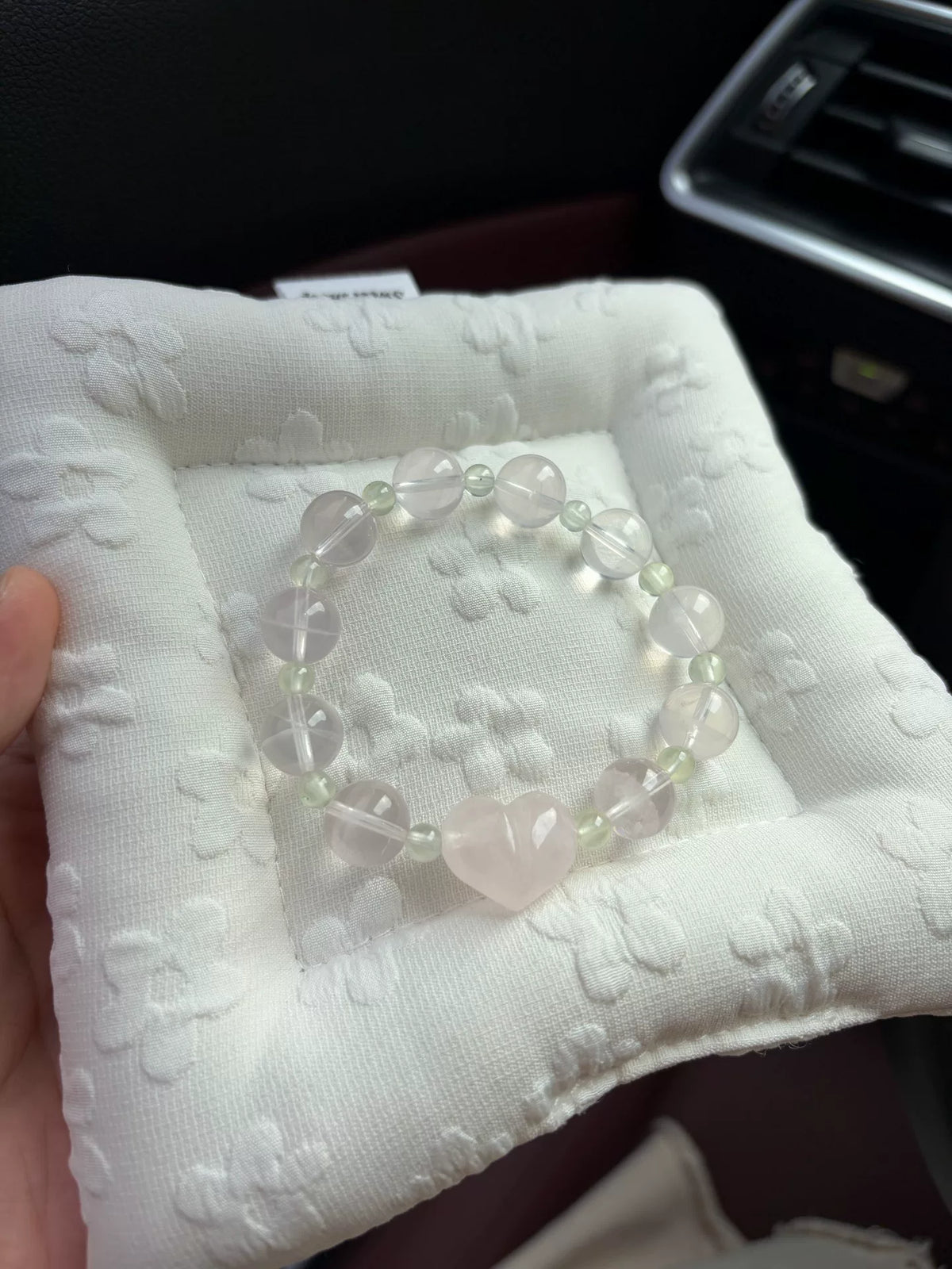 Perlenarmband aus Jelly-Rosa-Kristall und Prehnit