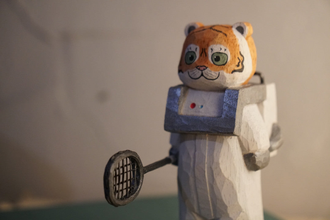 Hand Carved Wooden Tiger Astronaut Sculpture