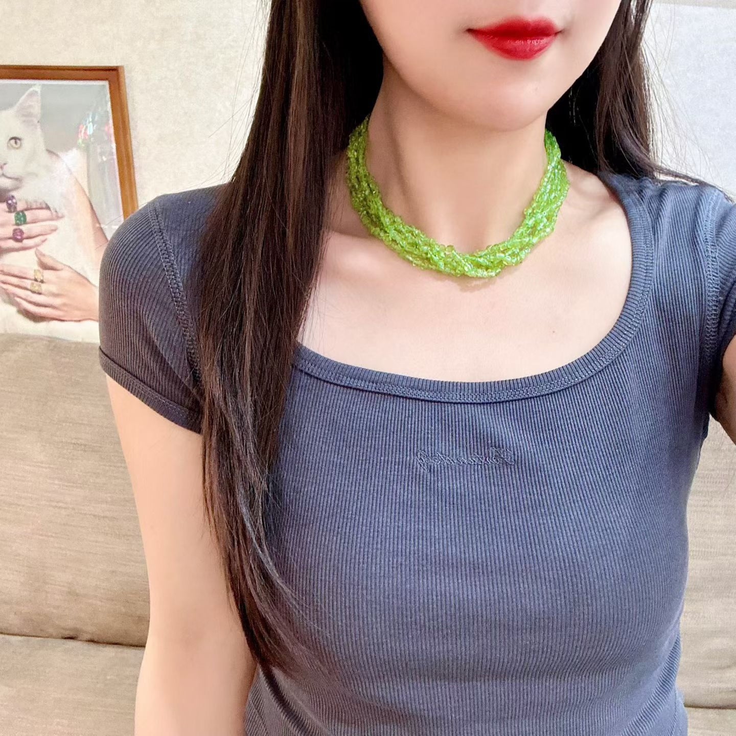 Five-Strand Freeform Faceted Peridot Necklace, 41cm