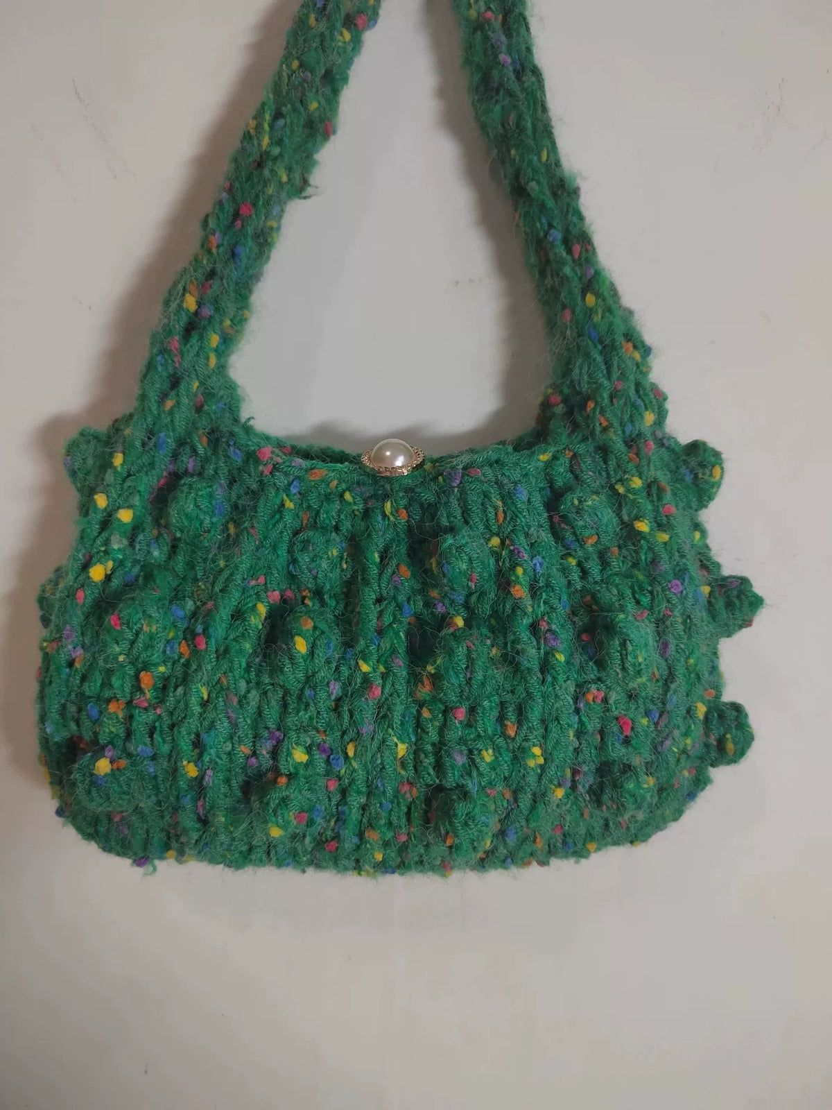 ハンドメイド エメラルドグリーン ブークレ ショルダーバッグ