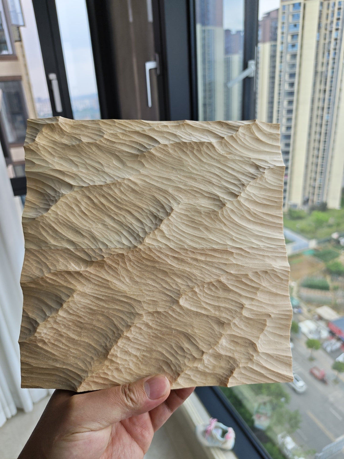 Hand-Carved Linden Wood Wave Relief Sculpture