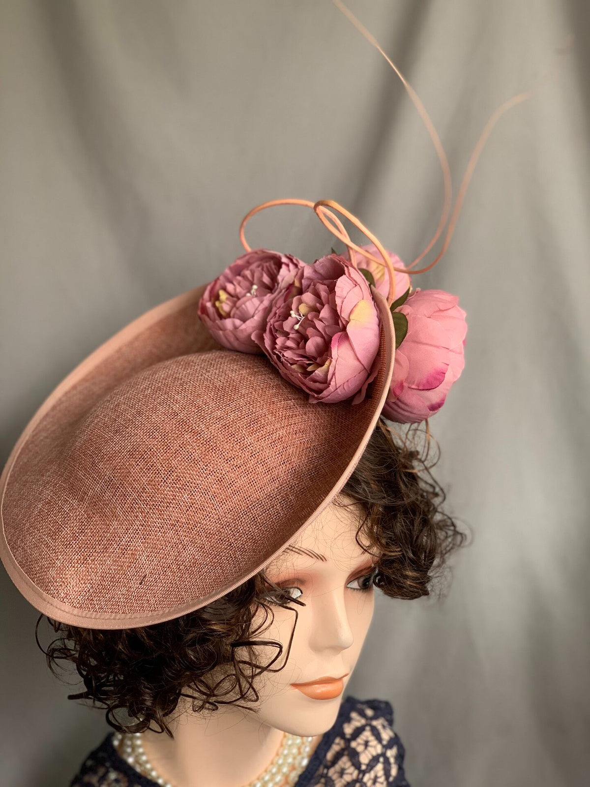 Peony Flower Woven Fascinator Hat Dusty Pink