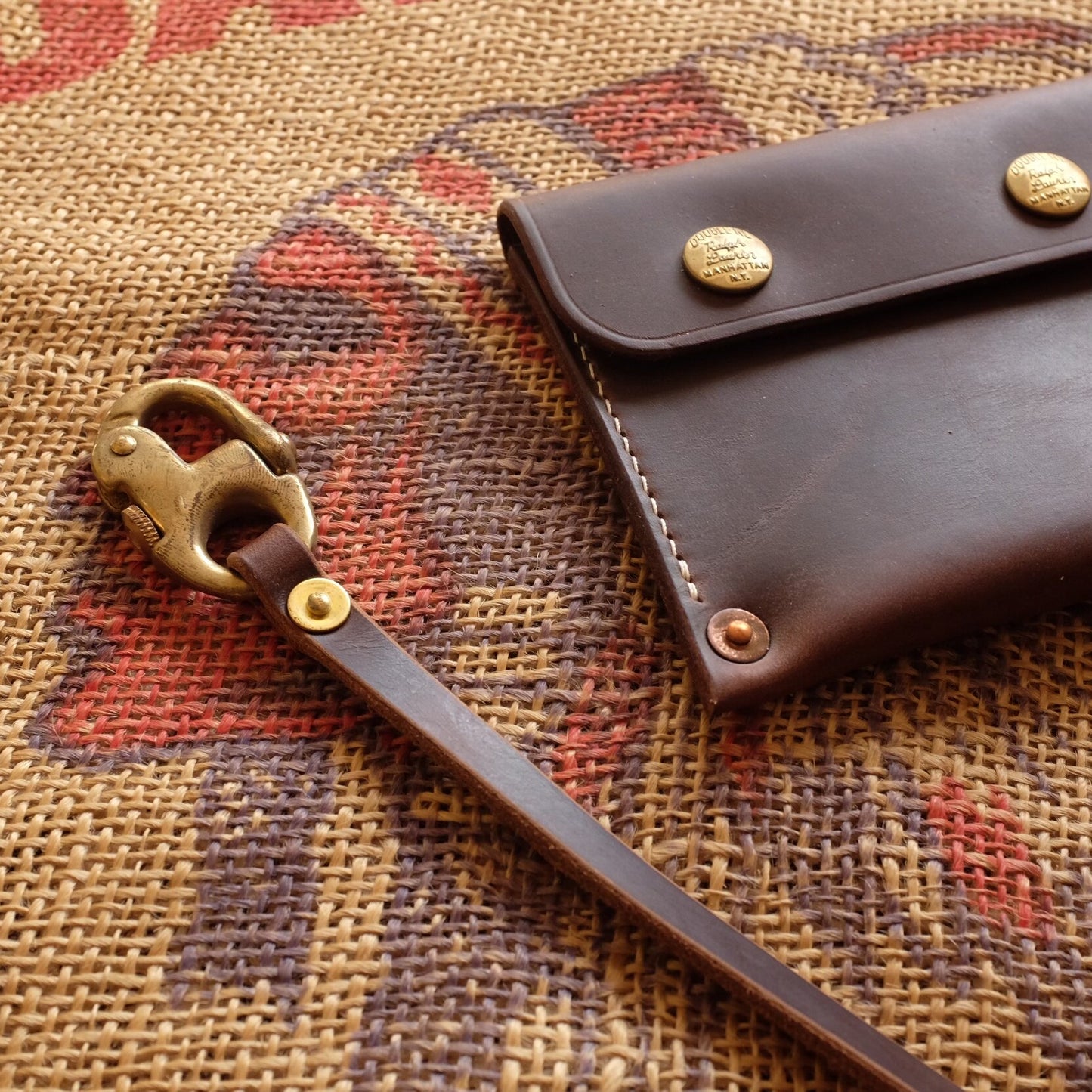 Top-Grain Leather Wallet with Brass Snap Closure and Wristlet Strap