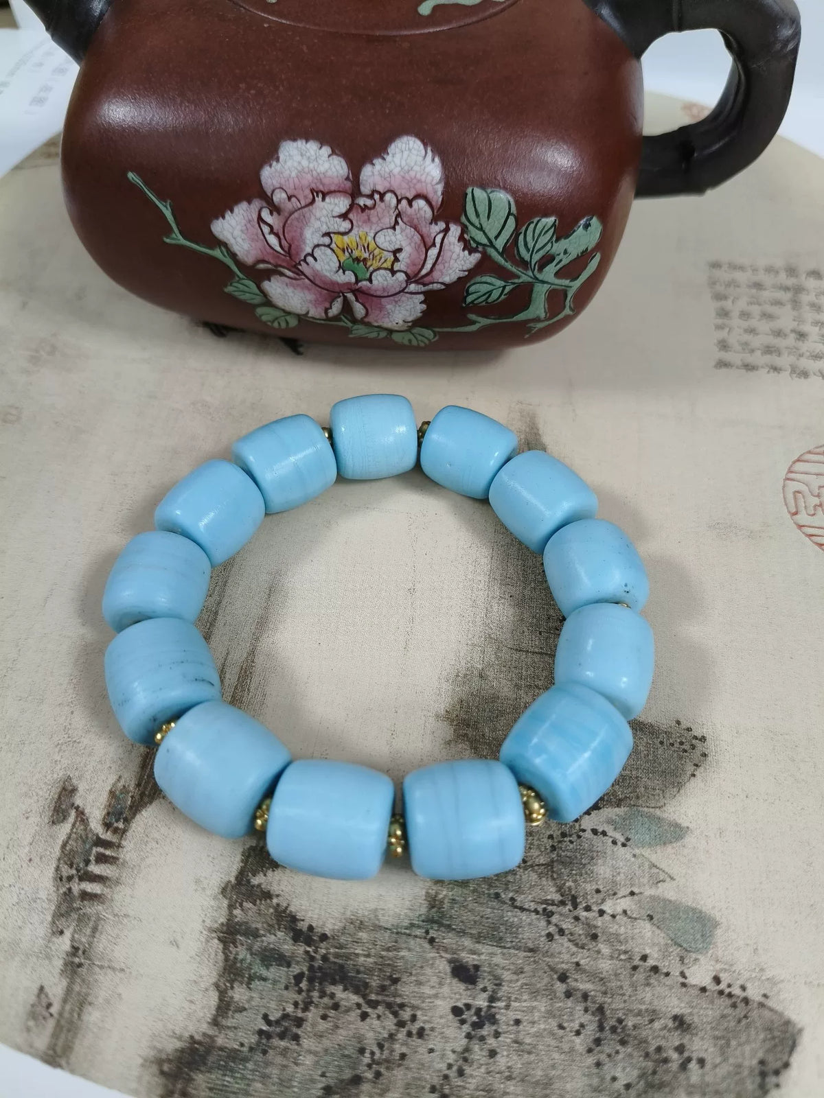 Moon Blue Old Glass Barrel Bead Bracelet