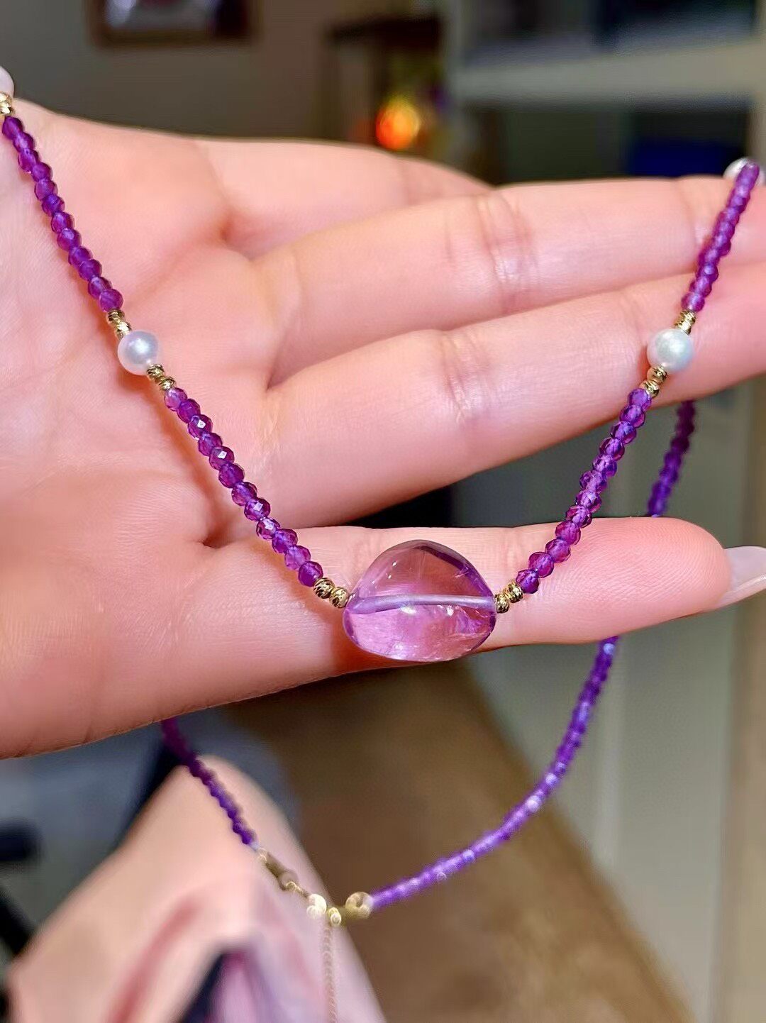Purple Crystal and Pearl Necklace with Free-Form Pendant