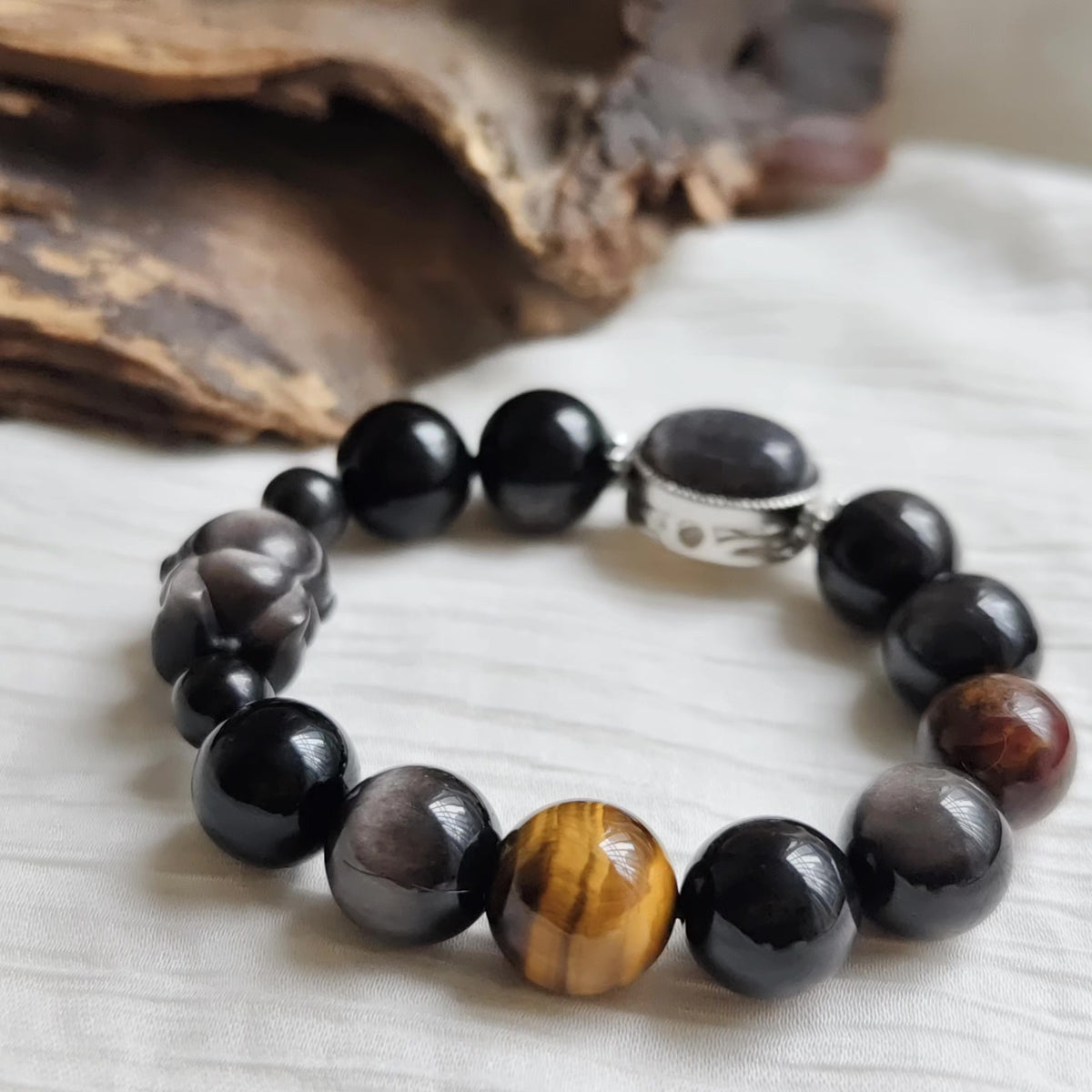 Black Obsidian Silver Sheen Beaded Bracelet
