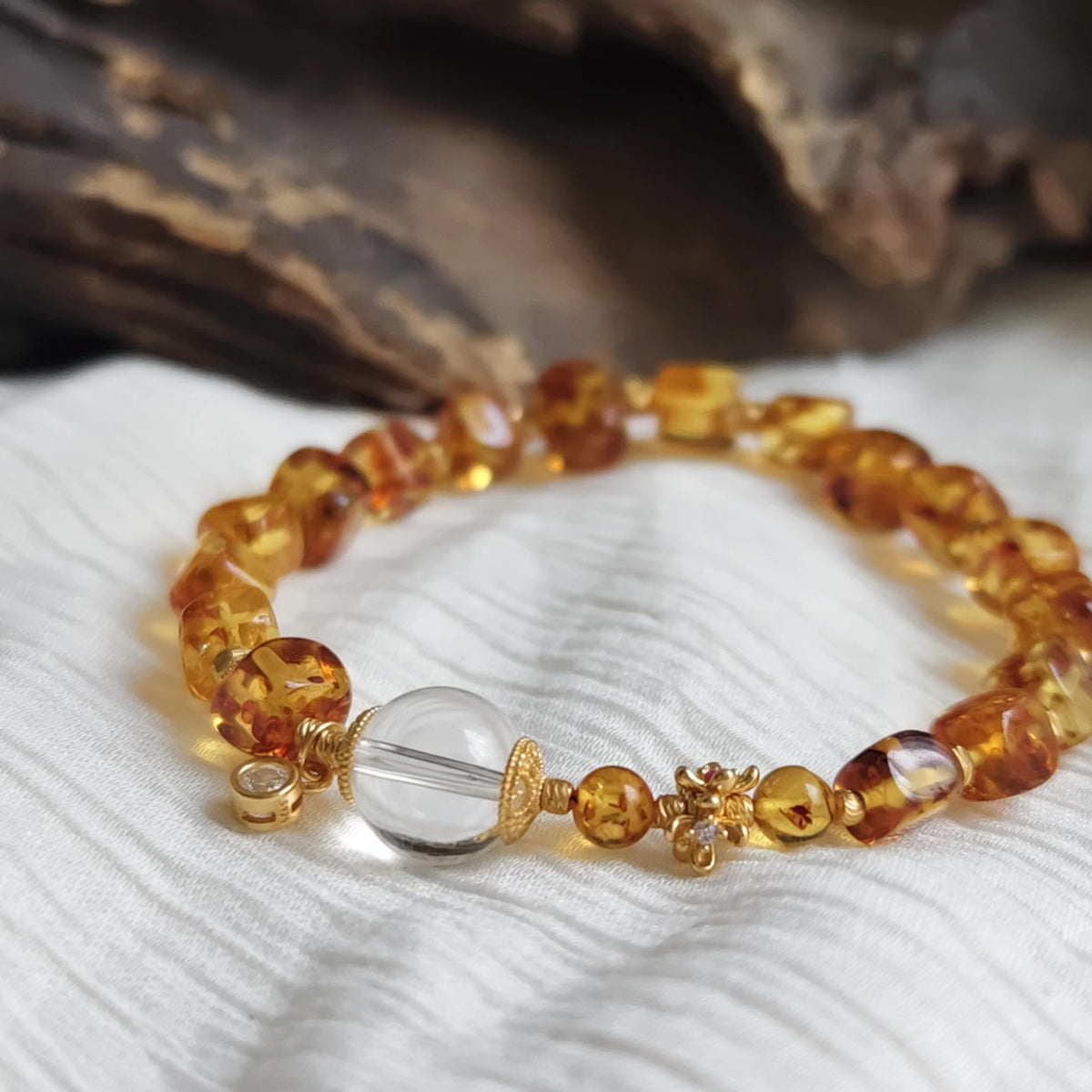 Flower Amber Cube Bracelet with White Crystal
