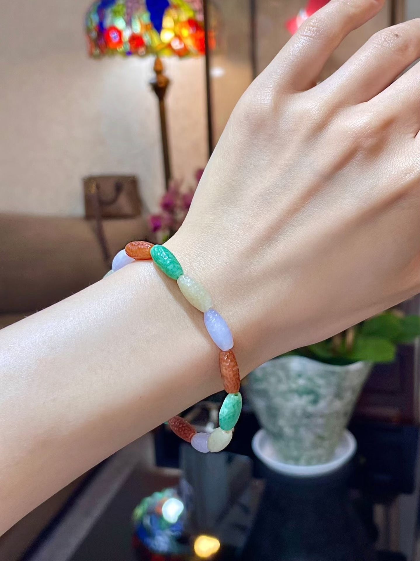 Multi-Color Stippled Jade Bead Bracelet, Capsule Beads 13.5x6.5mm, 13g
