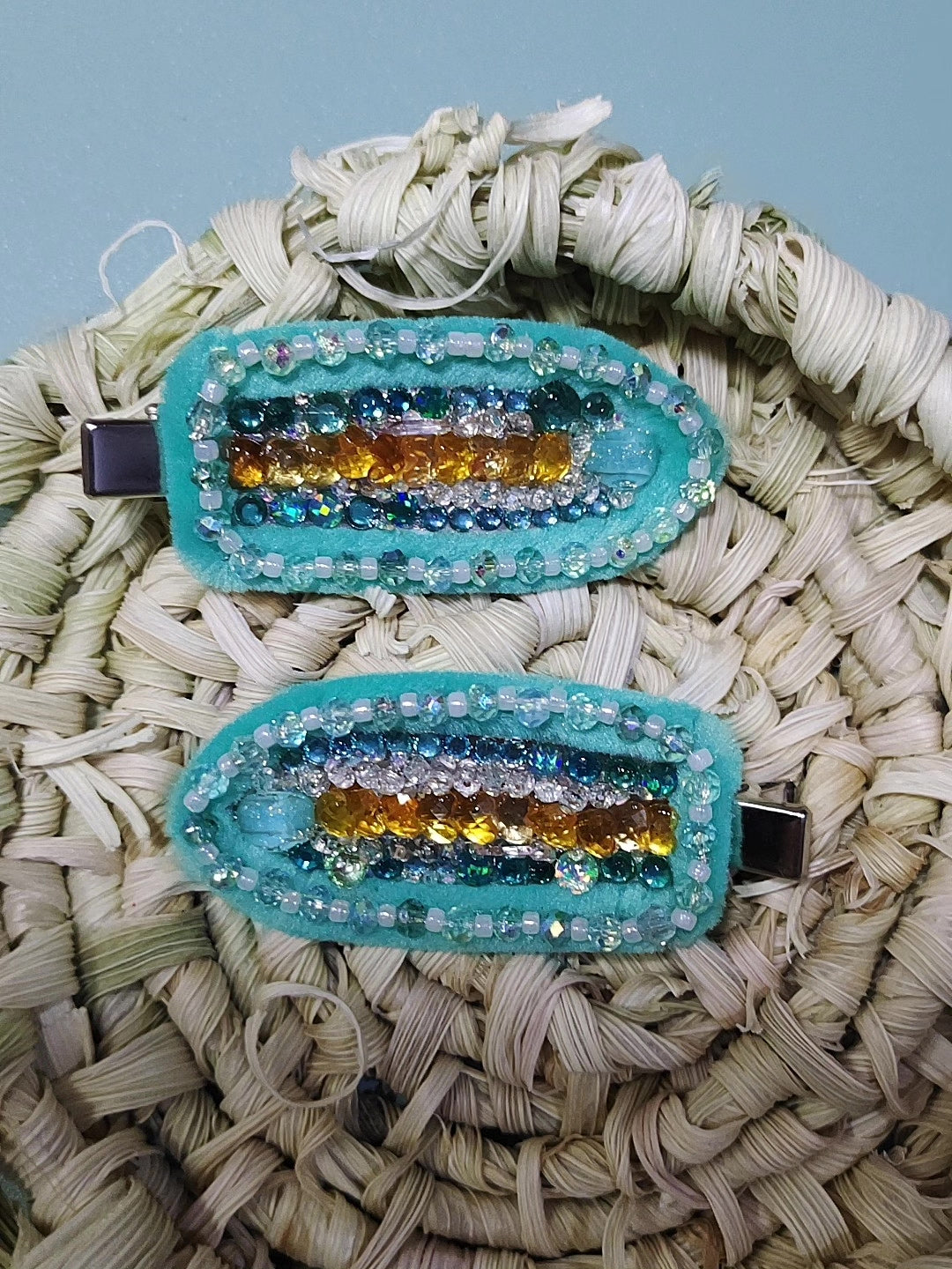 Handmade Blue Beaded Hair Clips