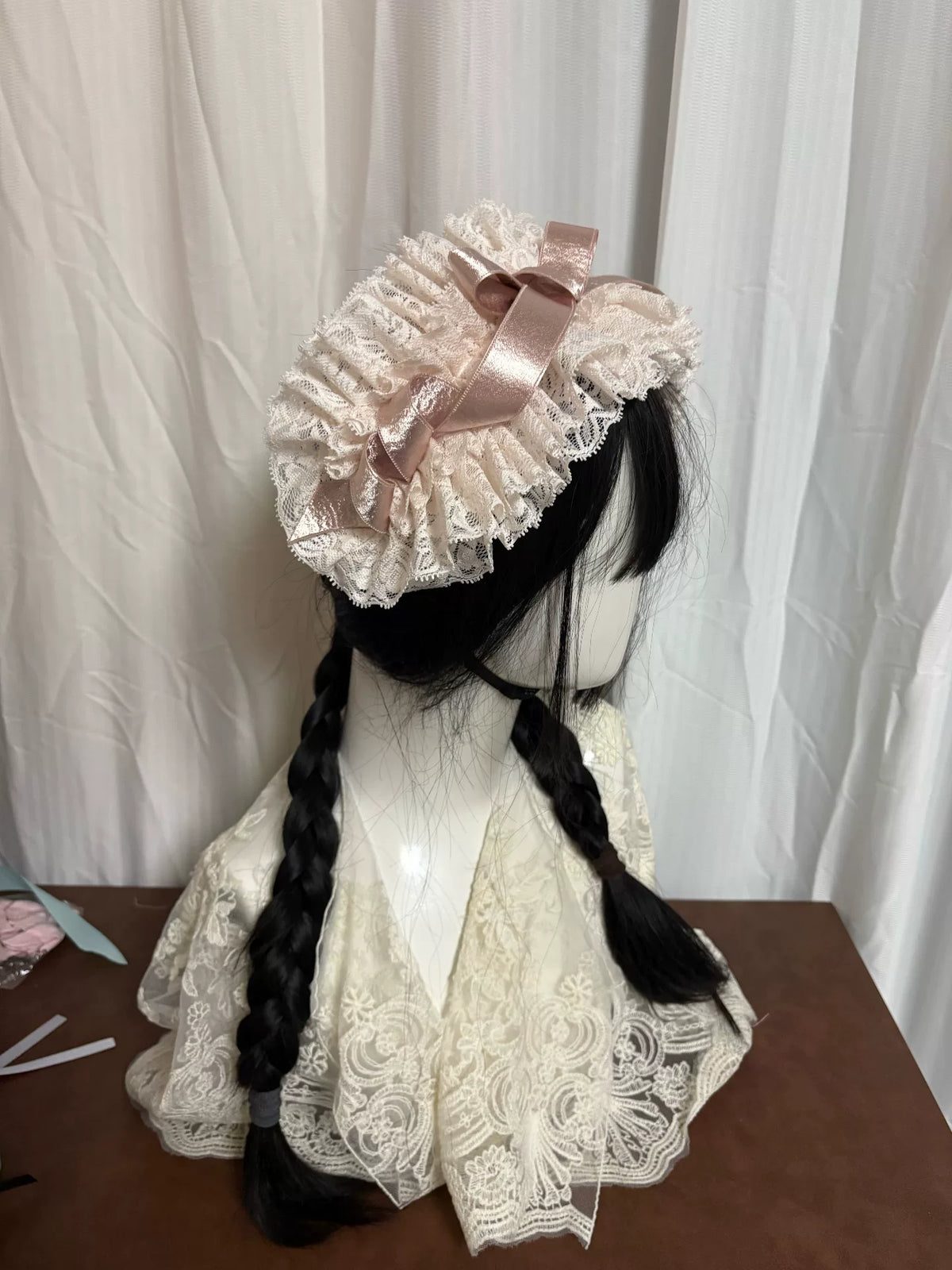 Handmade Ivory Lace Lolita Headdress with Pink Ribbon