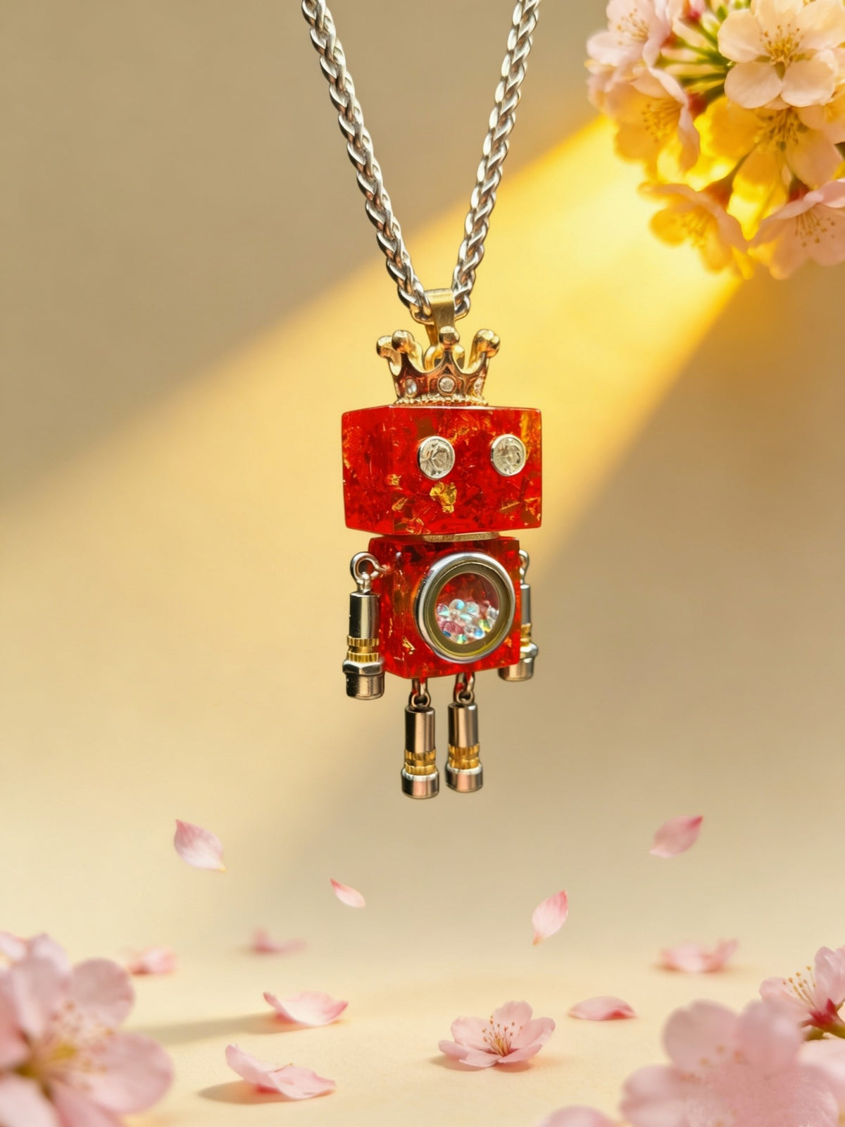 Red Resin Robot Crown Pendant Necklace