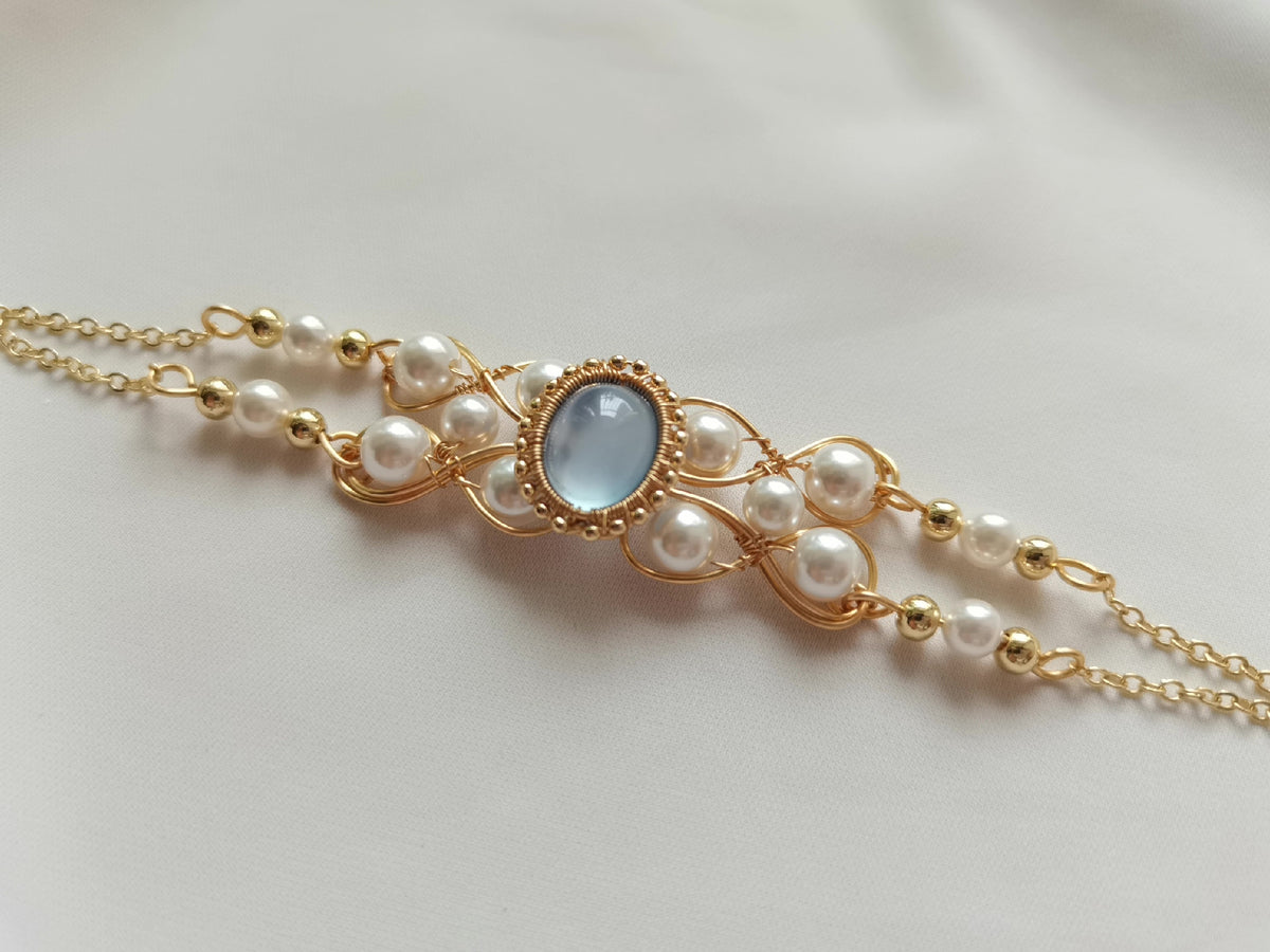Blue Chalcedony and Pearl Wire Wrapped Bracelet