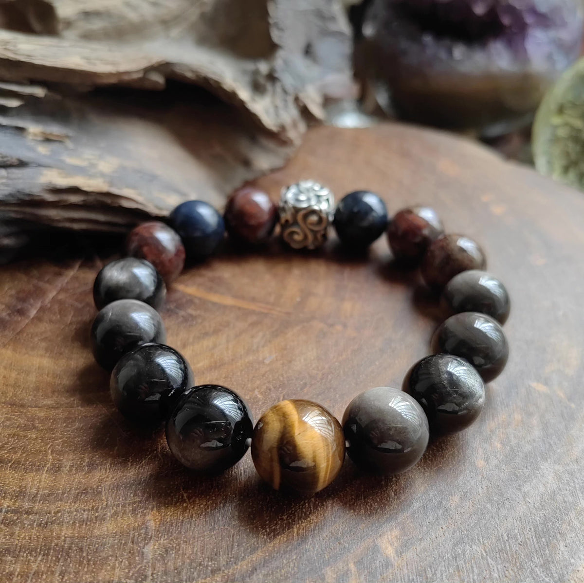 Bracelet de perles piérite obsidienne œil de tigre
