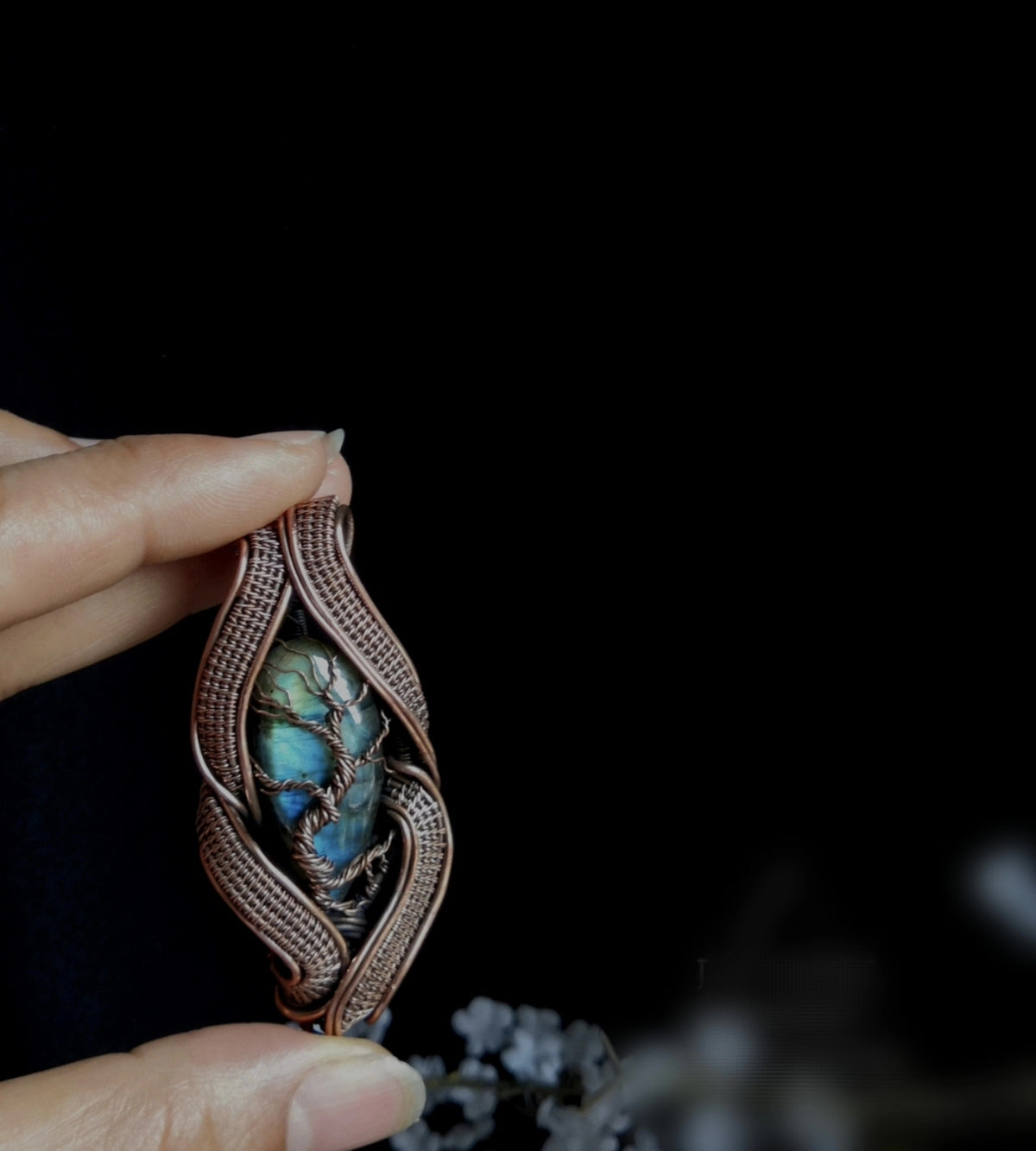 ハンドメイド 銅ワイヤーラップ ラブラドライト 生命の樹 ペンダント