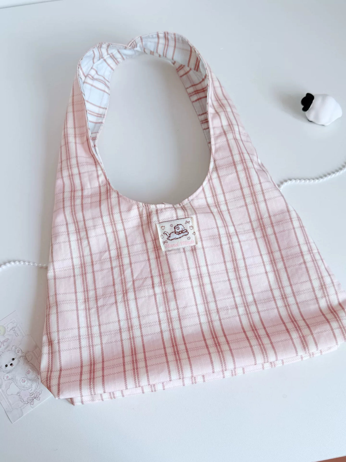 Sac hobo double face en tartan rose et blanc
