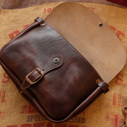 Rich Brown Leather Messenger Bag with Brass Buckle Closure