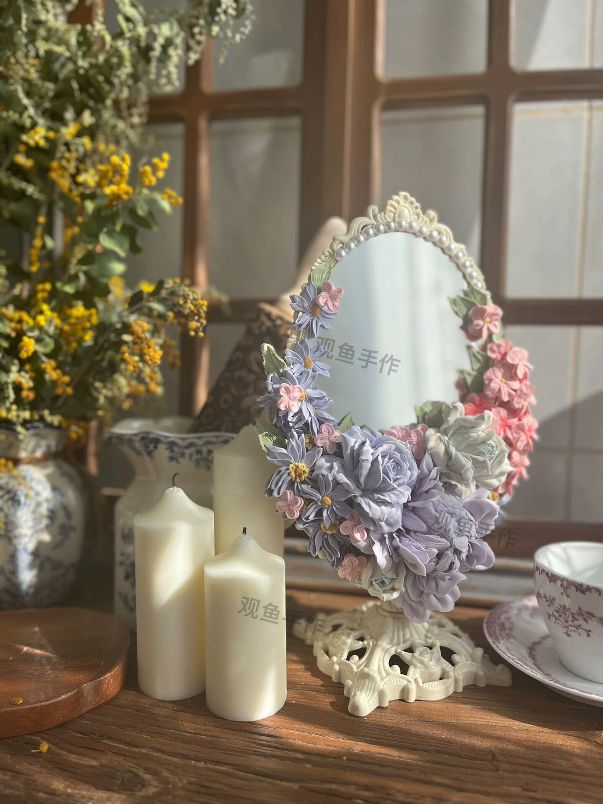 Handcrafted Clay Flower Oval Mirror