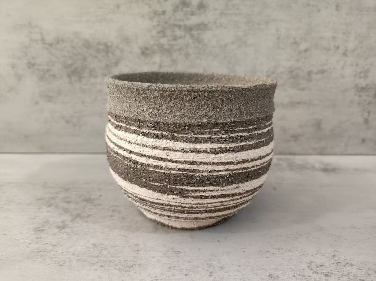 Handmade Ceramic Planter with Striped Texture