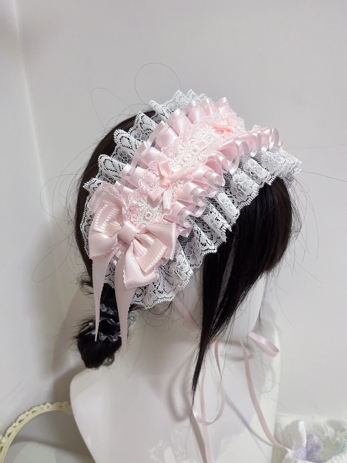 Pink Lace Lolita Headband with Satin Bows