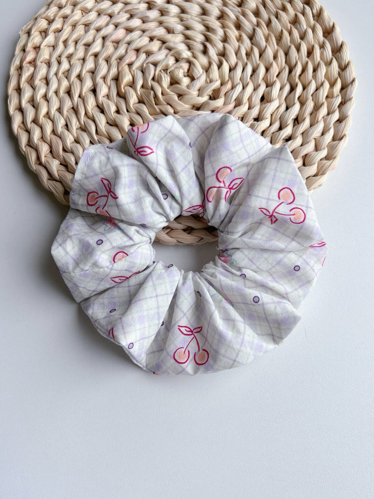 Vintage Cherry Plaid Fabric Hair Scrunchie