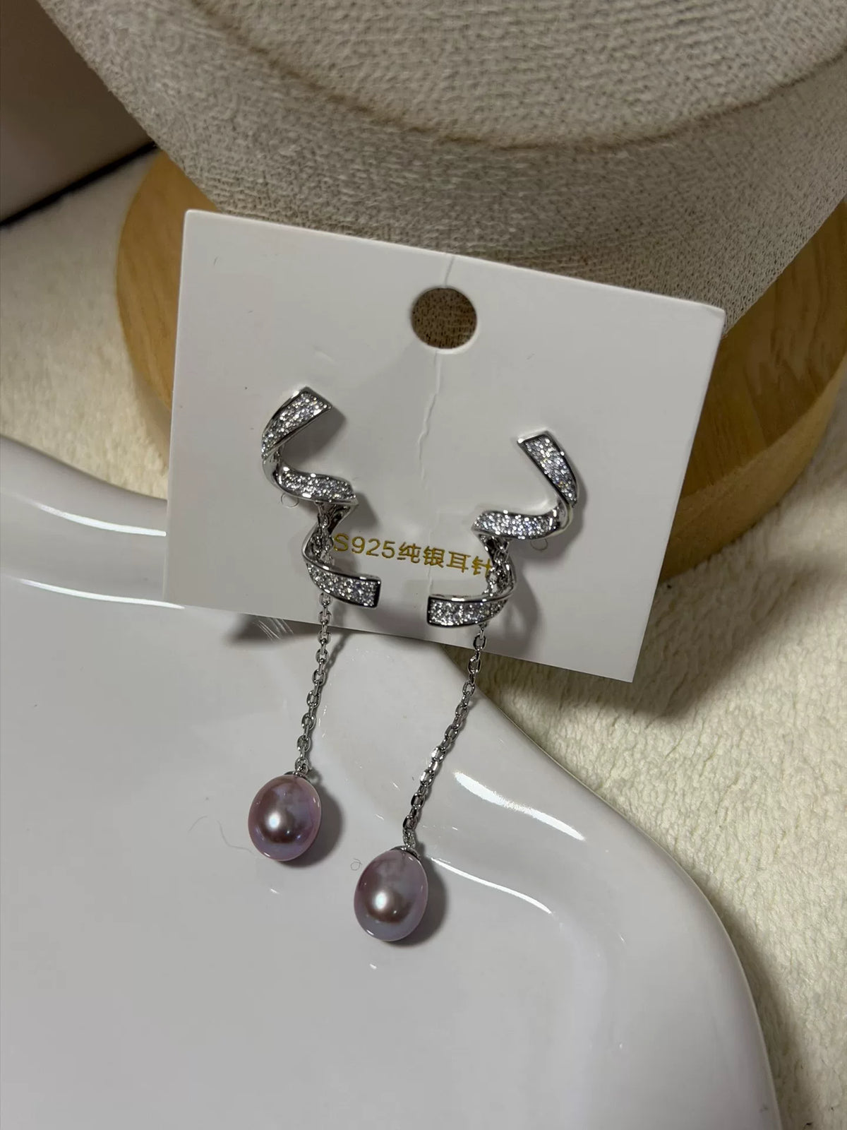 S925 Zilver Lila Parel Hangoorbellen