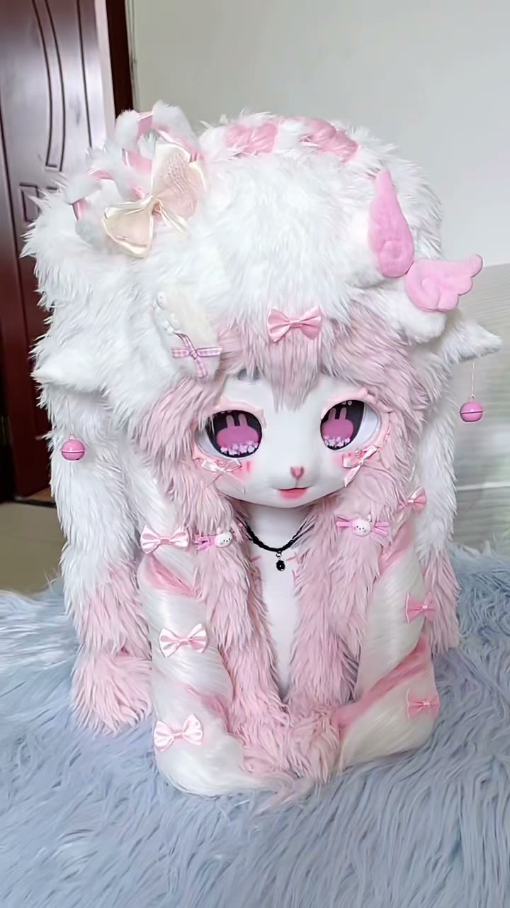 White Pink Faux Fur Fursuit Head