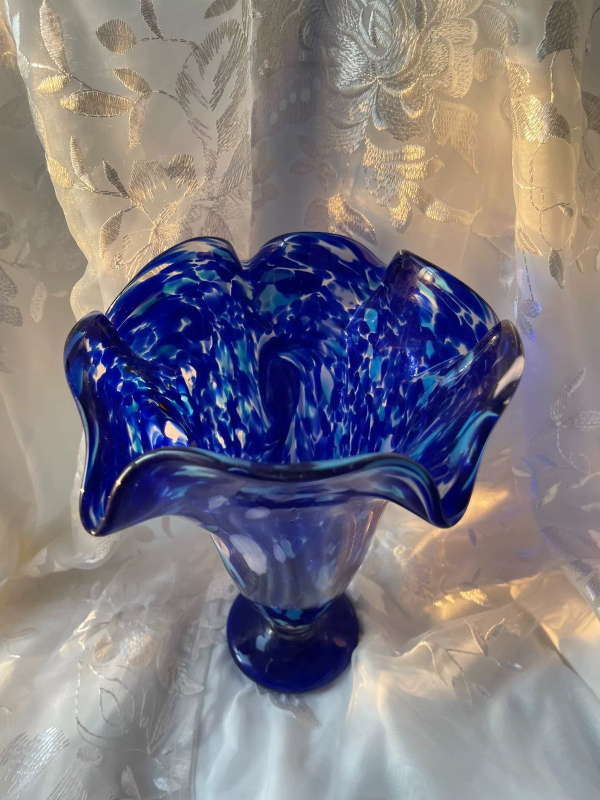 Cobalt Blue Speckled Glass Ruffled Vase