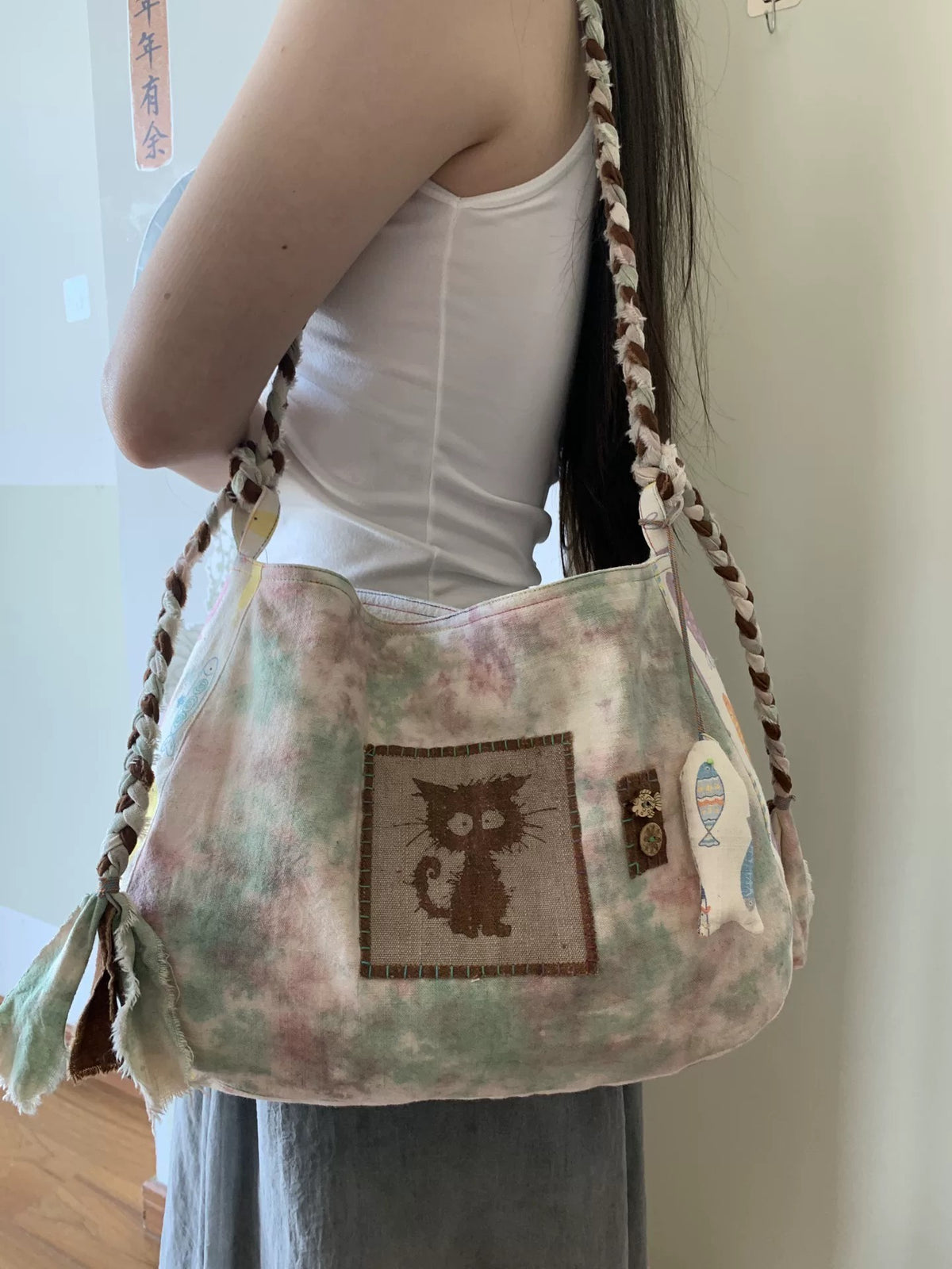 Plant Dyed Green Cat Shoulder Bag