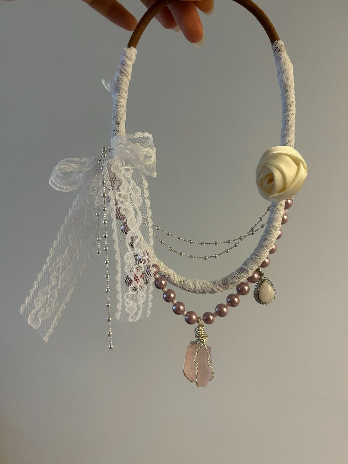 Raw Crystal Pendant Lace Collar Necklace