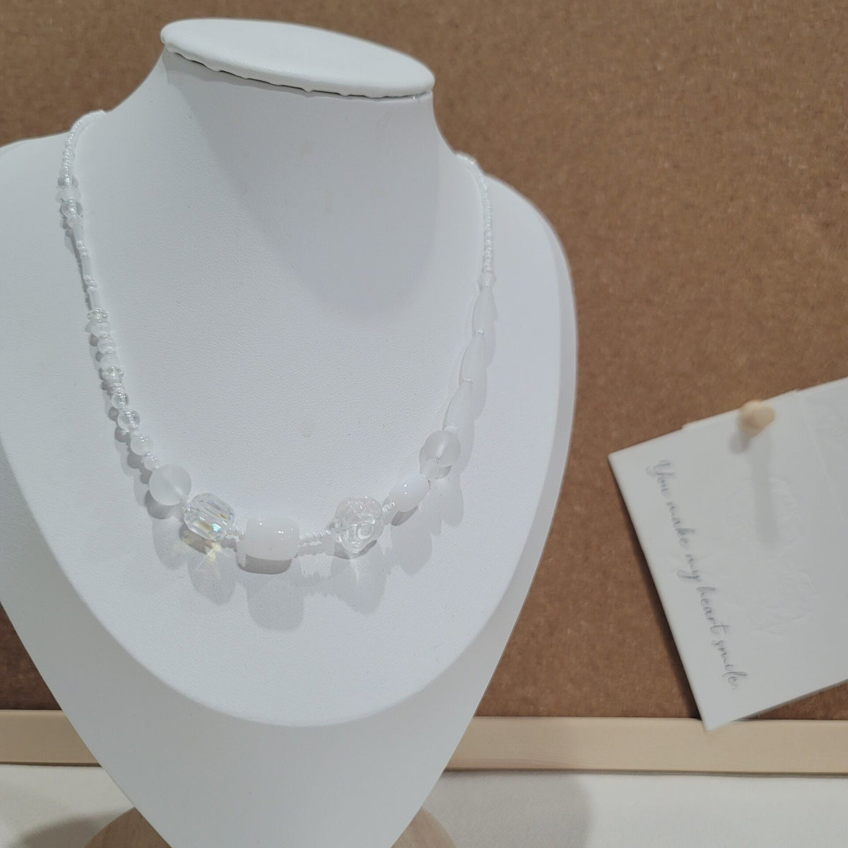 Handmade White Beaded Rose Necklace