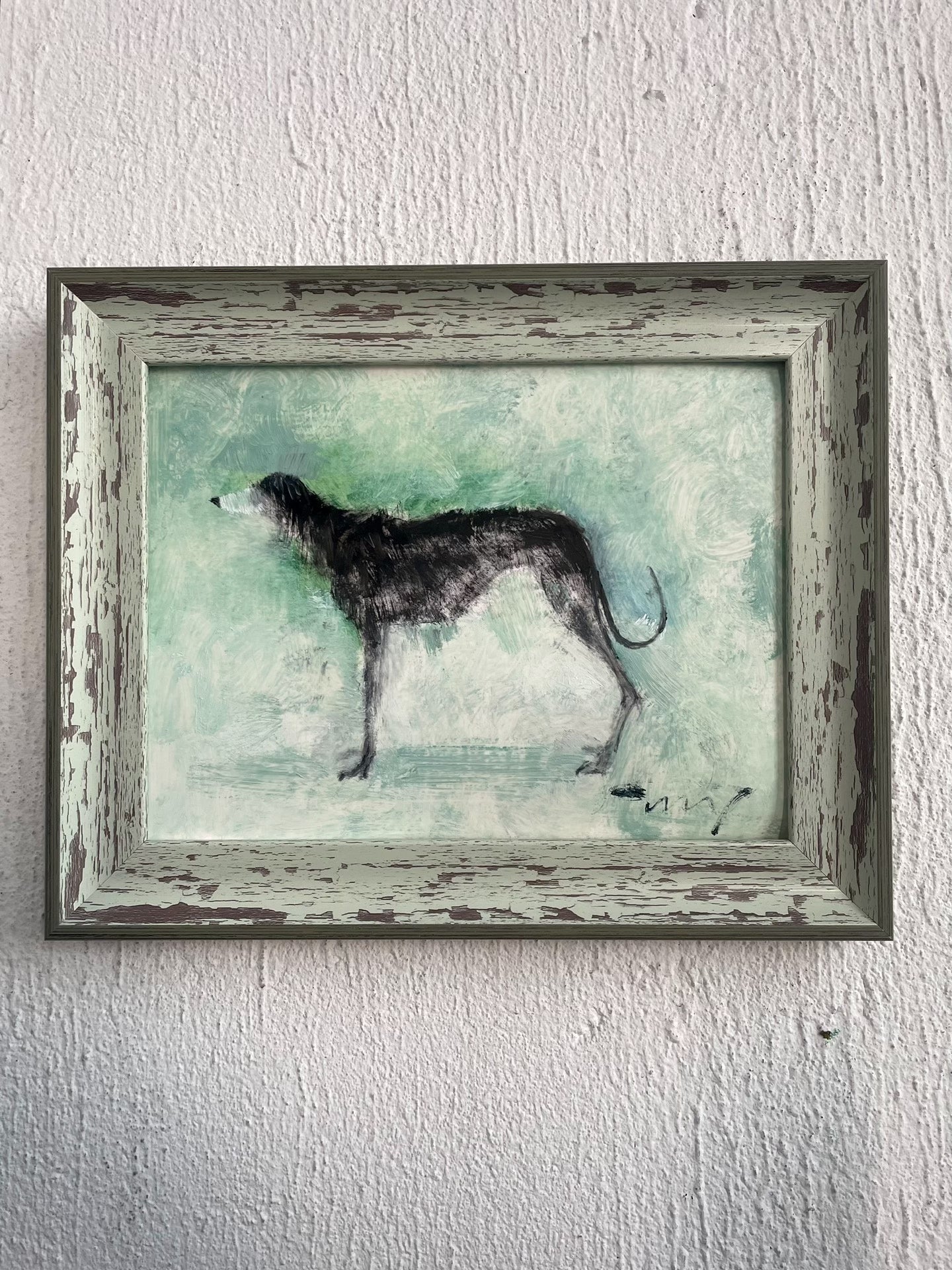 Hand-Painted Oil Artwork of a Slender Sighthound in Rustic Frame