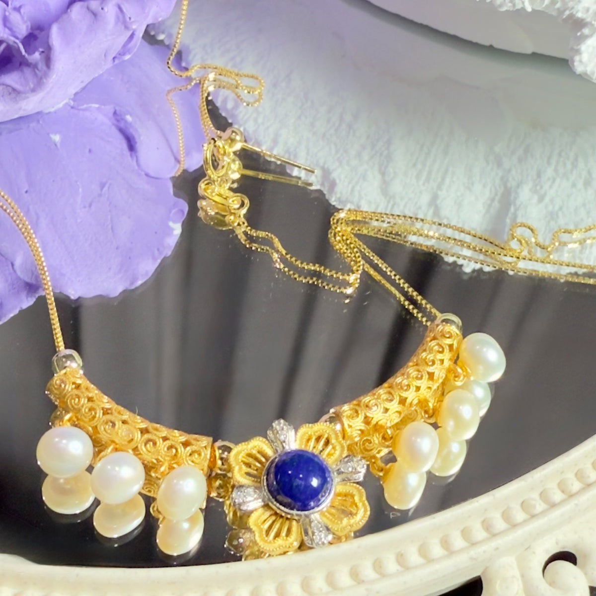 Collar de Filigrana con Perlas y Lapislázuli en Plata de Ley