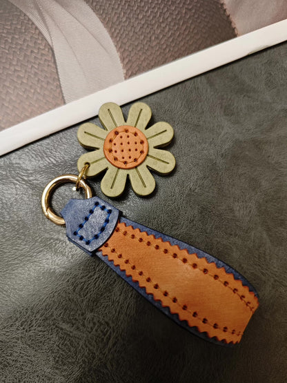 Handmade Leather Keychain Bag Charm with Flower and Zigzag Stitching