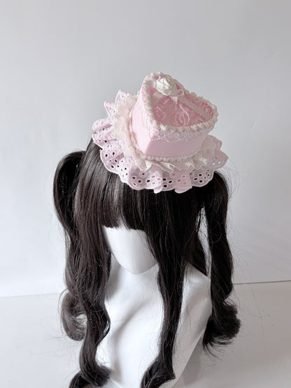 Pink Rose Heart Mini Top Hat with Veil Lolita Headpiece