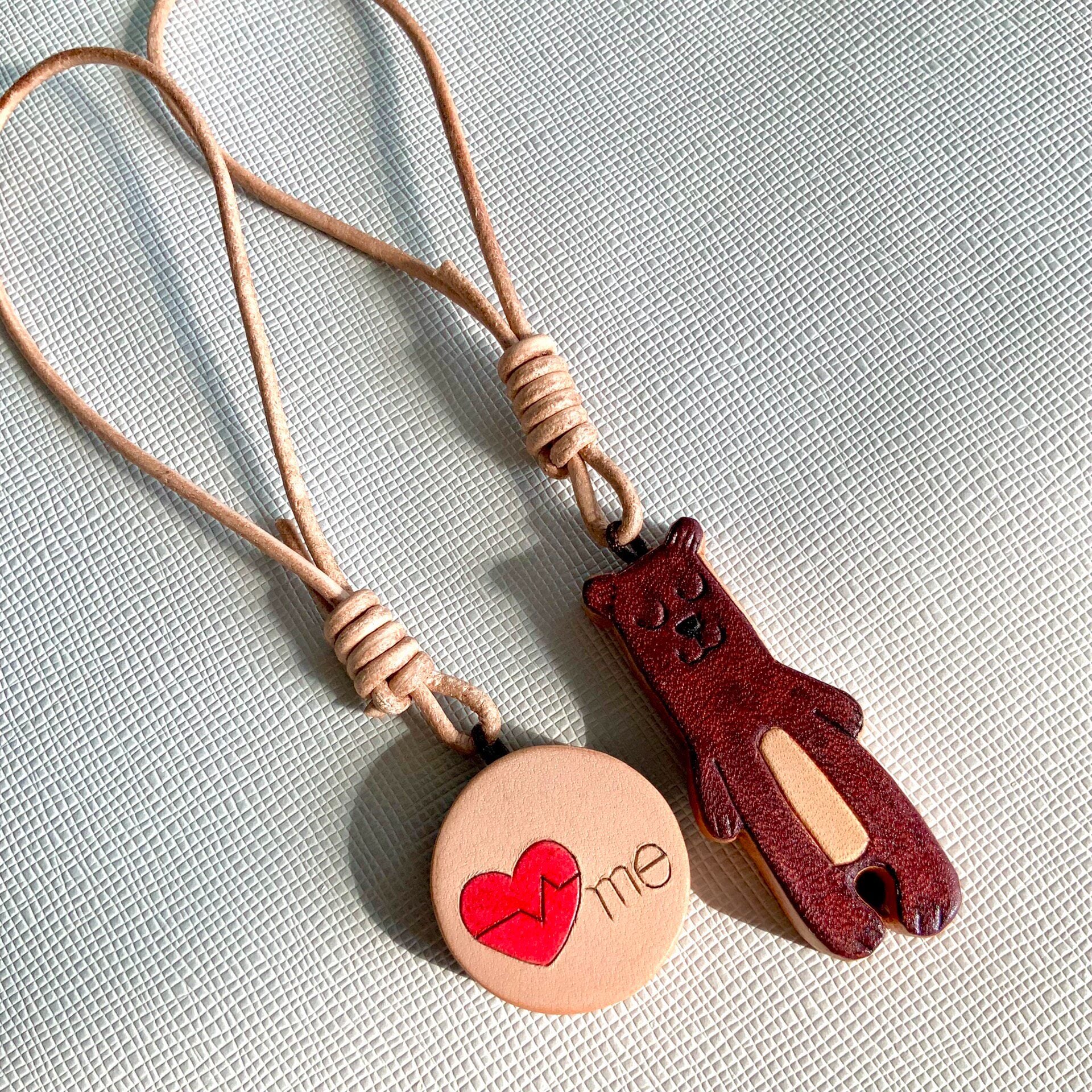 Set of Two Leather Charms: Bear and Heart Pendants for Journal, Bag, or Phone