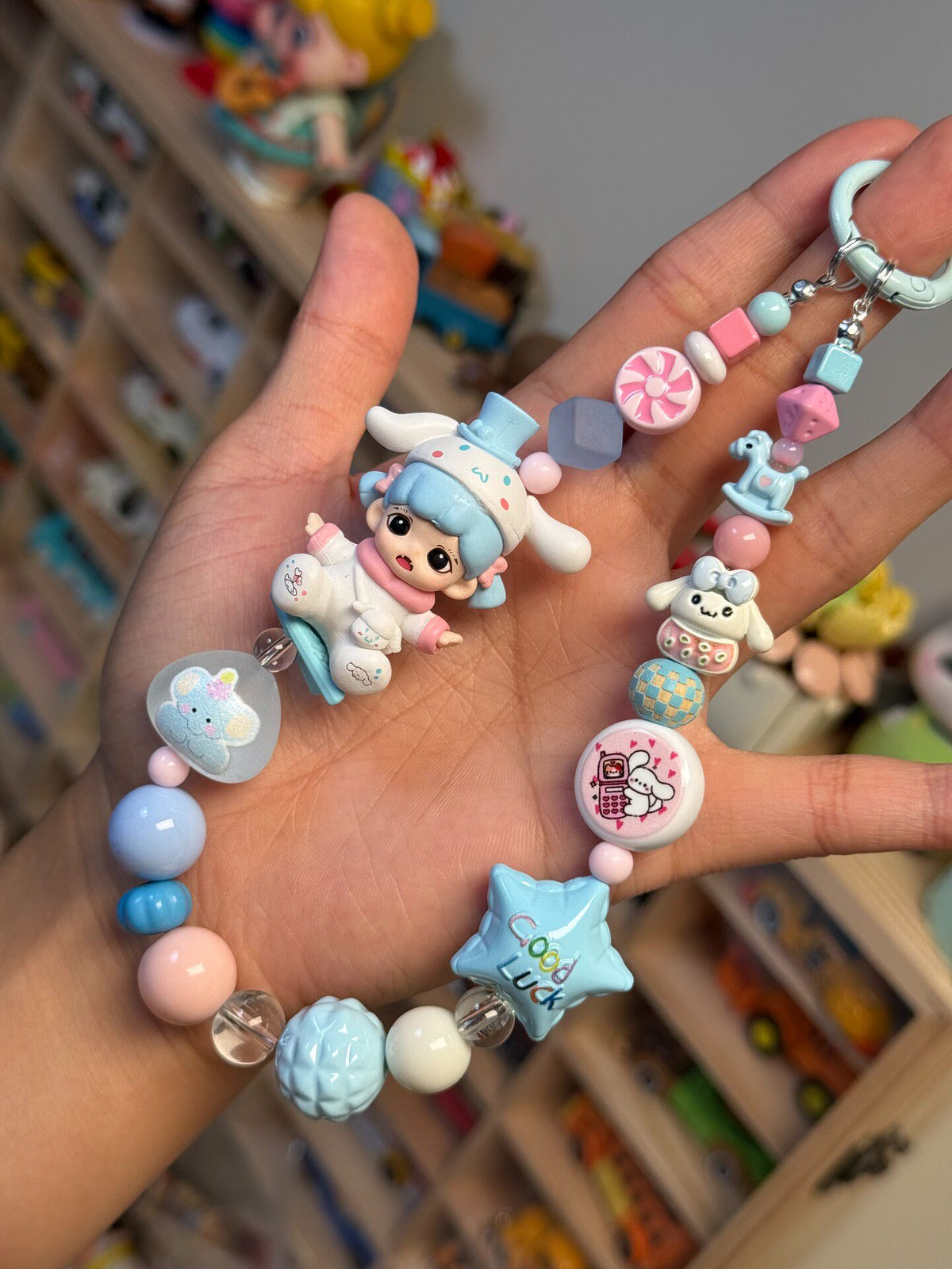 Pastel Beaded Phone Strap with Doll Charm