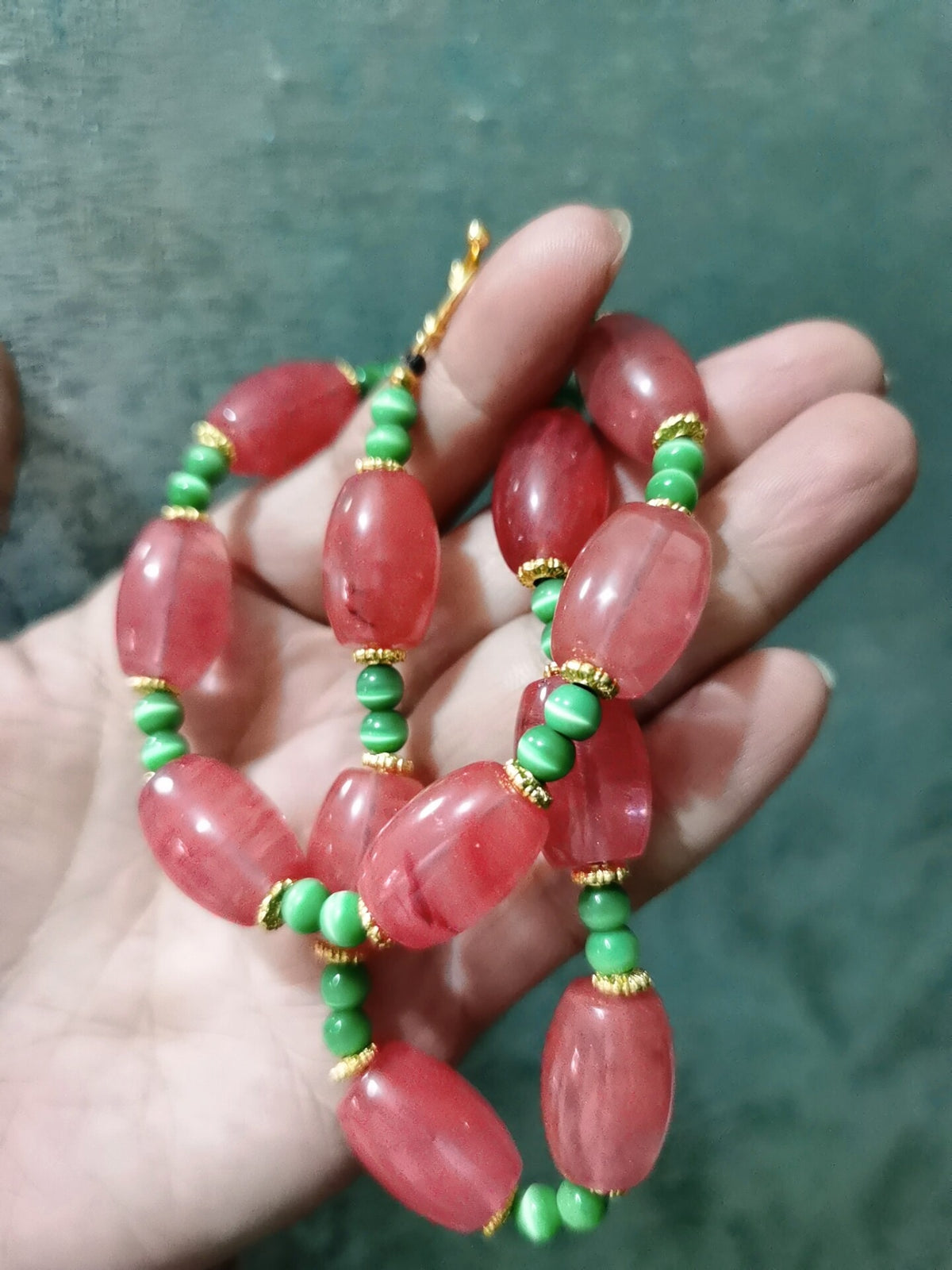 Watermelon Quartz Cat Eye Beaded Necklace