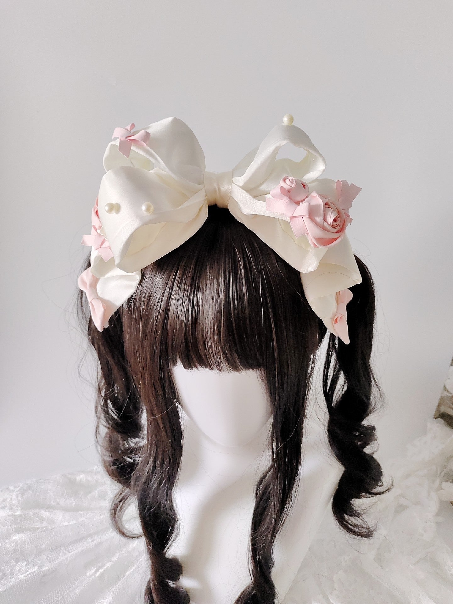 Satin Bow Headband with Fabric Roses and Pearl Accents