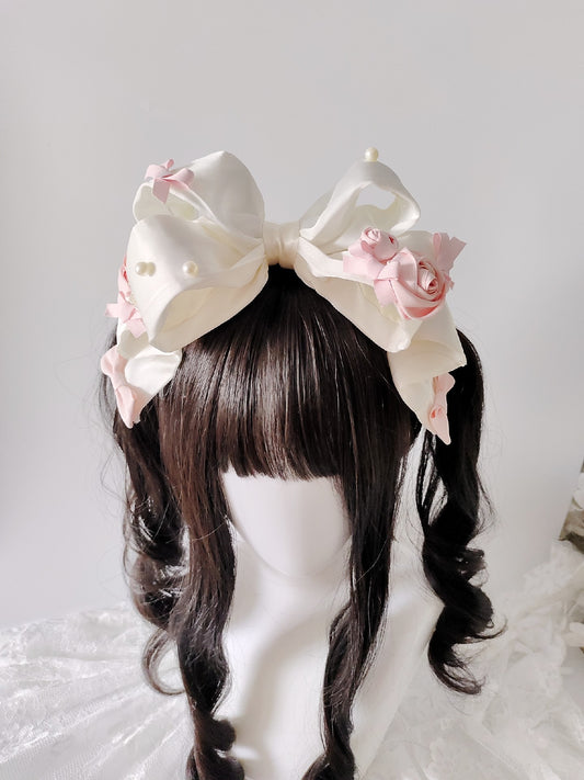 Satin Bow Headband with Fabric Roses and Pearl Accents