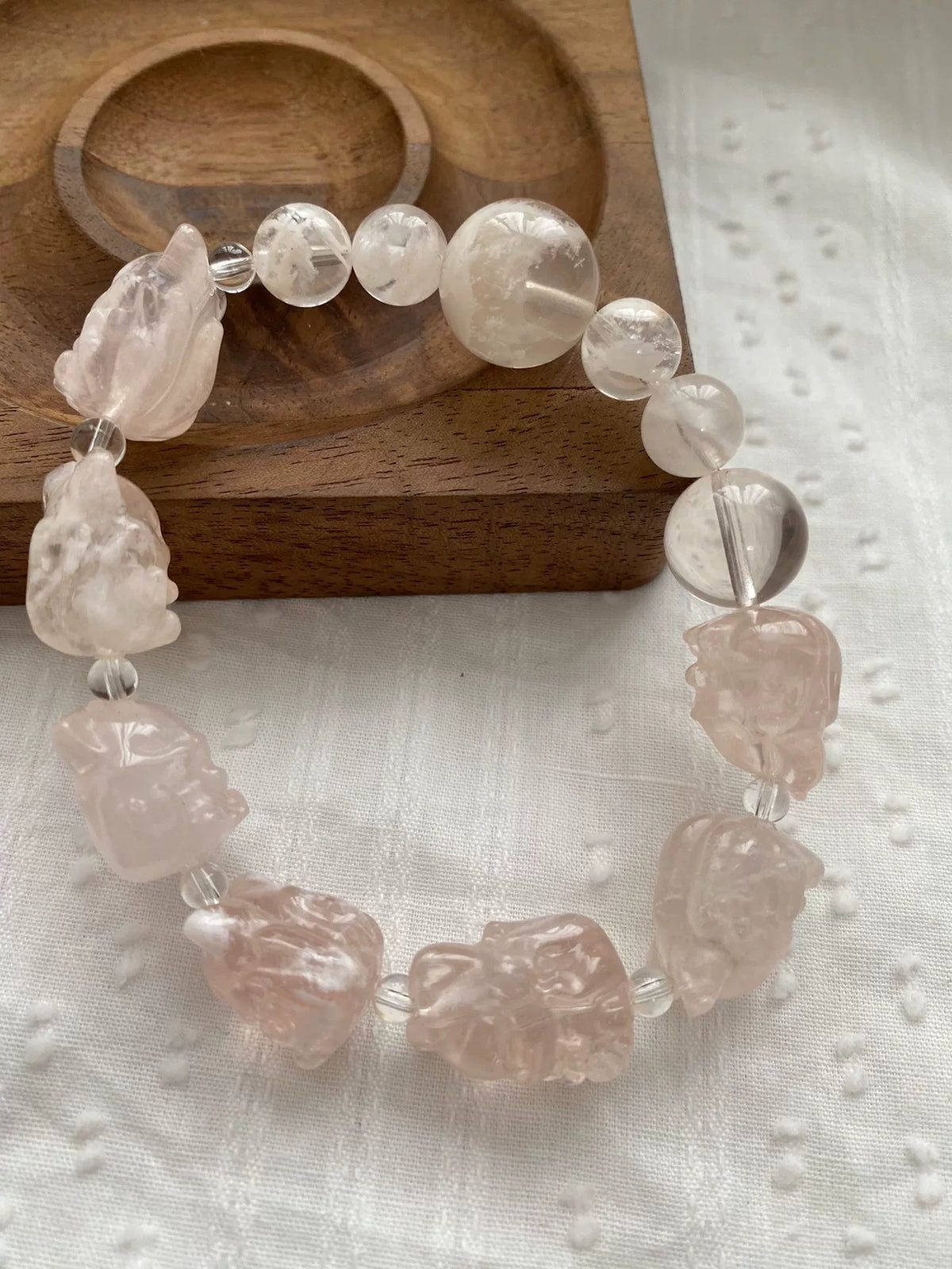 Pulsera de cuentas de cuarzo fantasma de nieve y cuarzo transparente