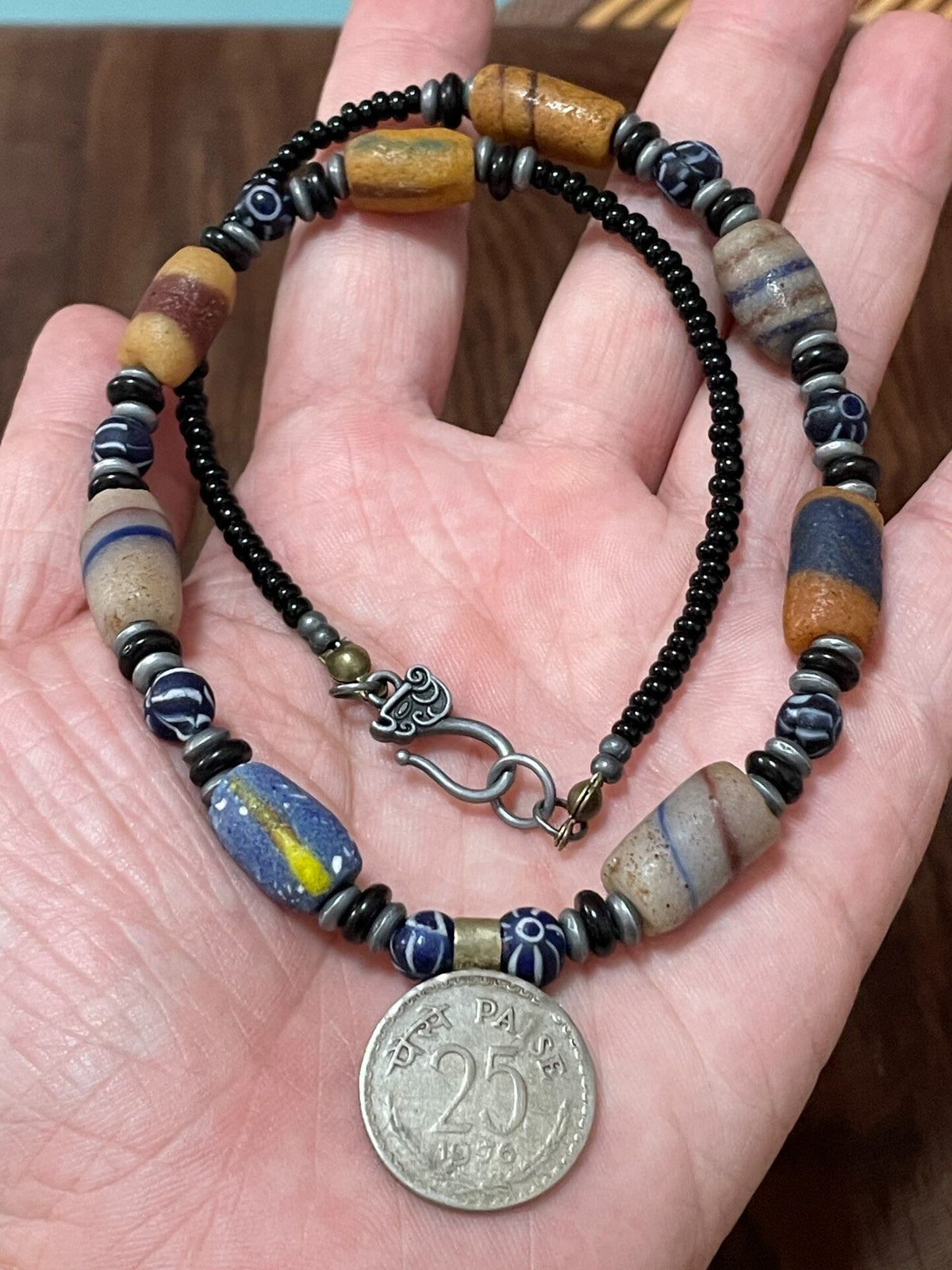 African Trade Bead Glass Necklace with Coin Pendant