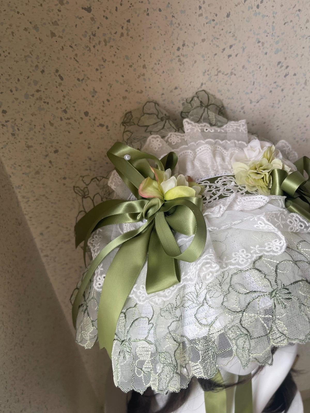 Lolita Lace Bonnet with Green Ribbon Bows
