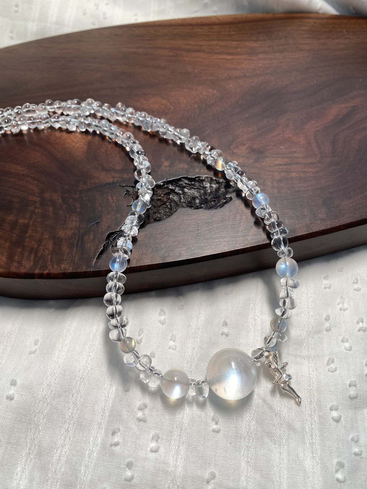 White Crystal Blue Moonstone Beaded Necklace