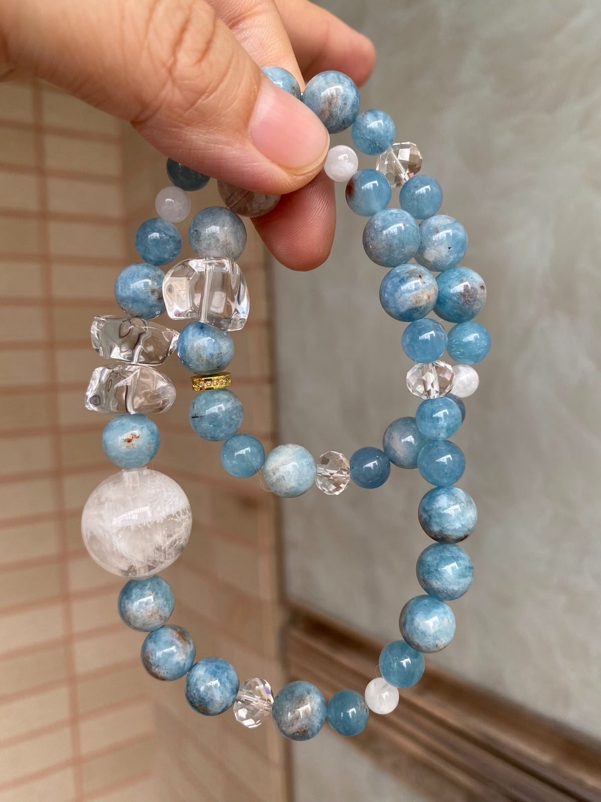 Aquamarine Double Loop Bracelet Snowflake Quartz
