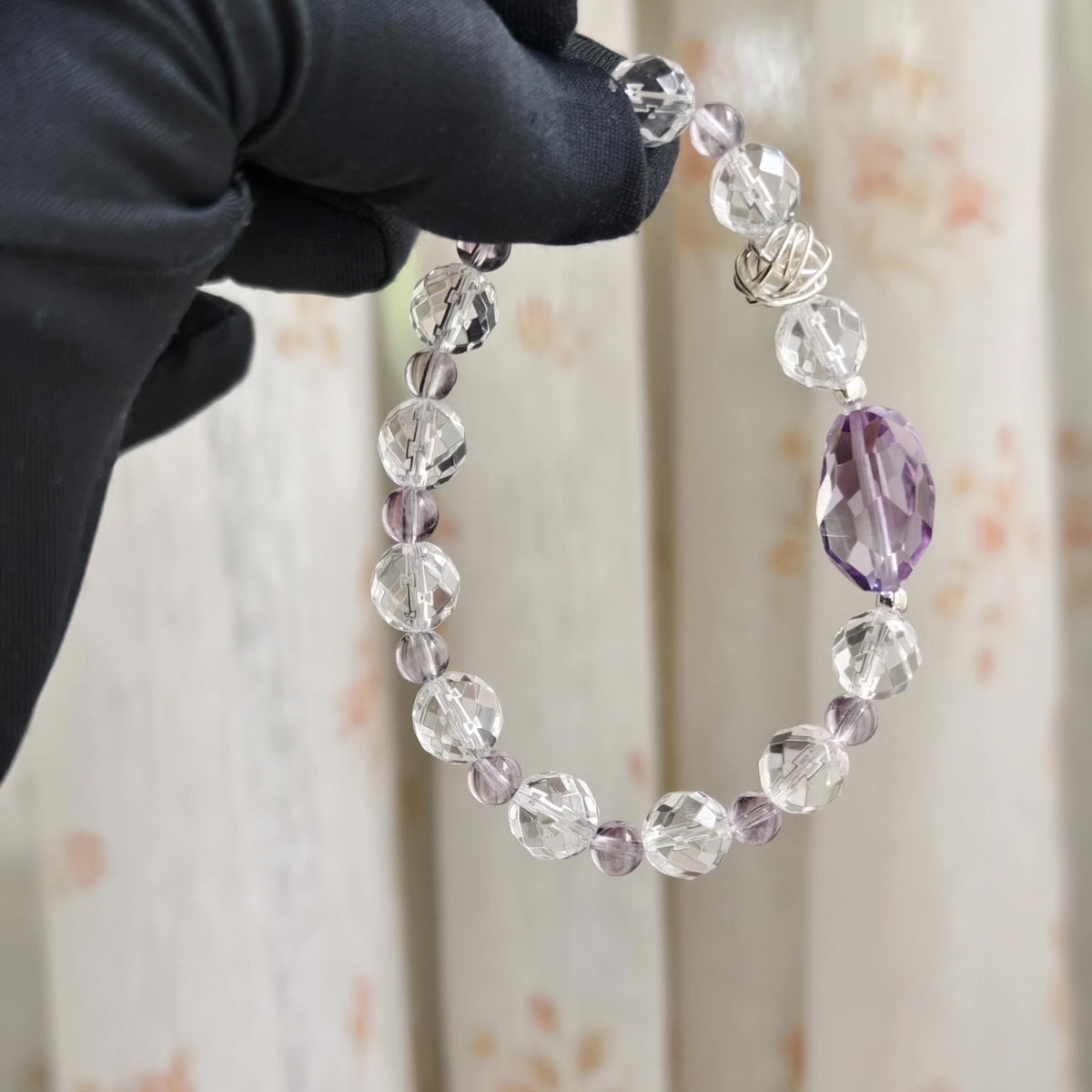 Faceted White Quartz Amethyst Beaded Bracelet