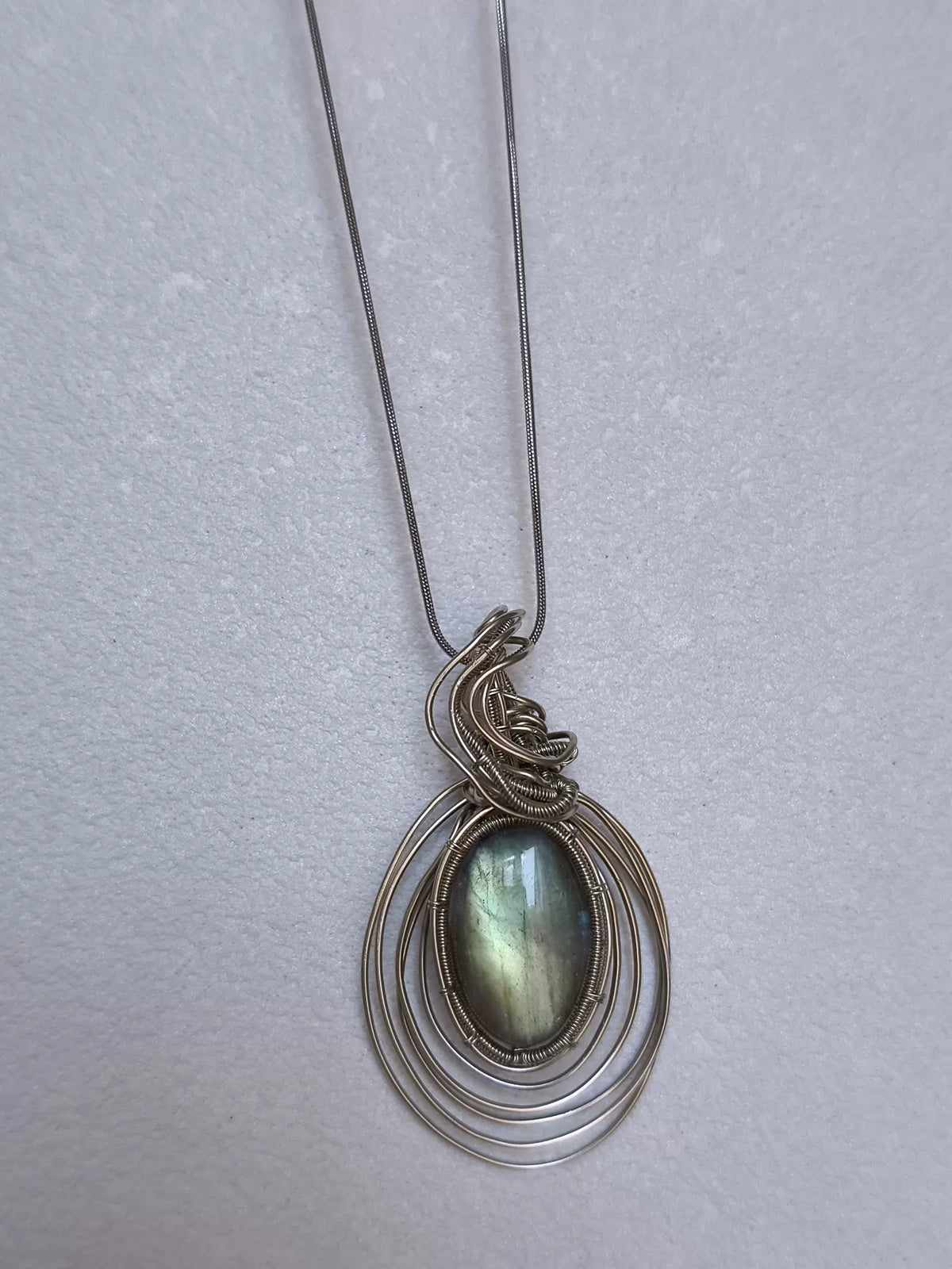 Oval Labradorite Wire Wrapped Pendant Necklace
