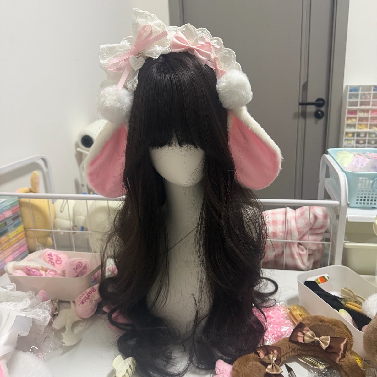 Pink Plush Bunny Ear Headband with Lace Bow