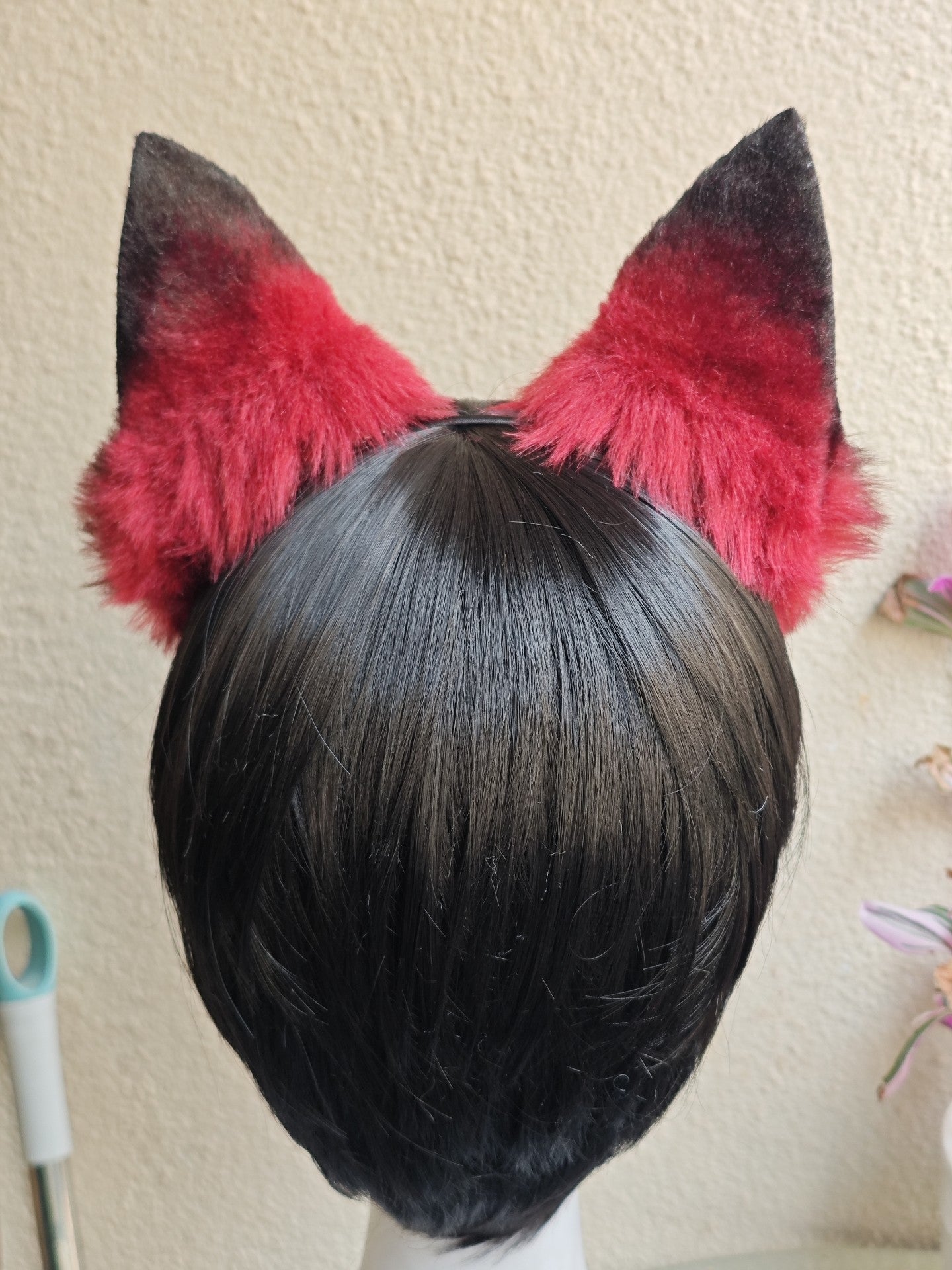 Handmade Dog Ears Headband - Red Black Gradient with Pink Fur Accent
